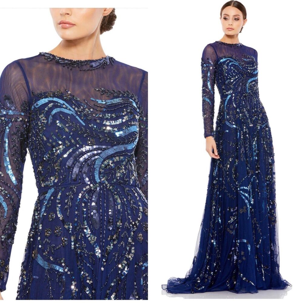 MAC DUGGAL LONG SLEEVE EMBELLISHED ILLUSION EVENING GOWN BLUE 5217 SIZE 10